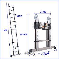 3.8m Telescopic Extension Ladder Stainless Steel Multi Purpose Folding Non-Slip